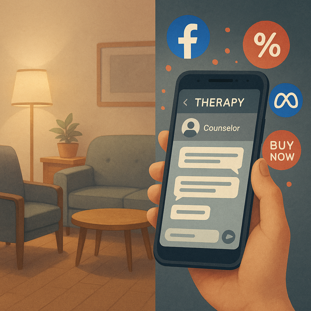 Visual contrast of a traditional therapy room and a telehealth session on a phone surrounded by Meta and Facebook logos, illustrating mental health data privacy concerns